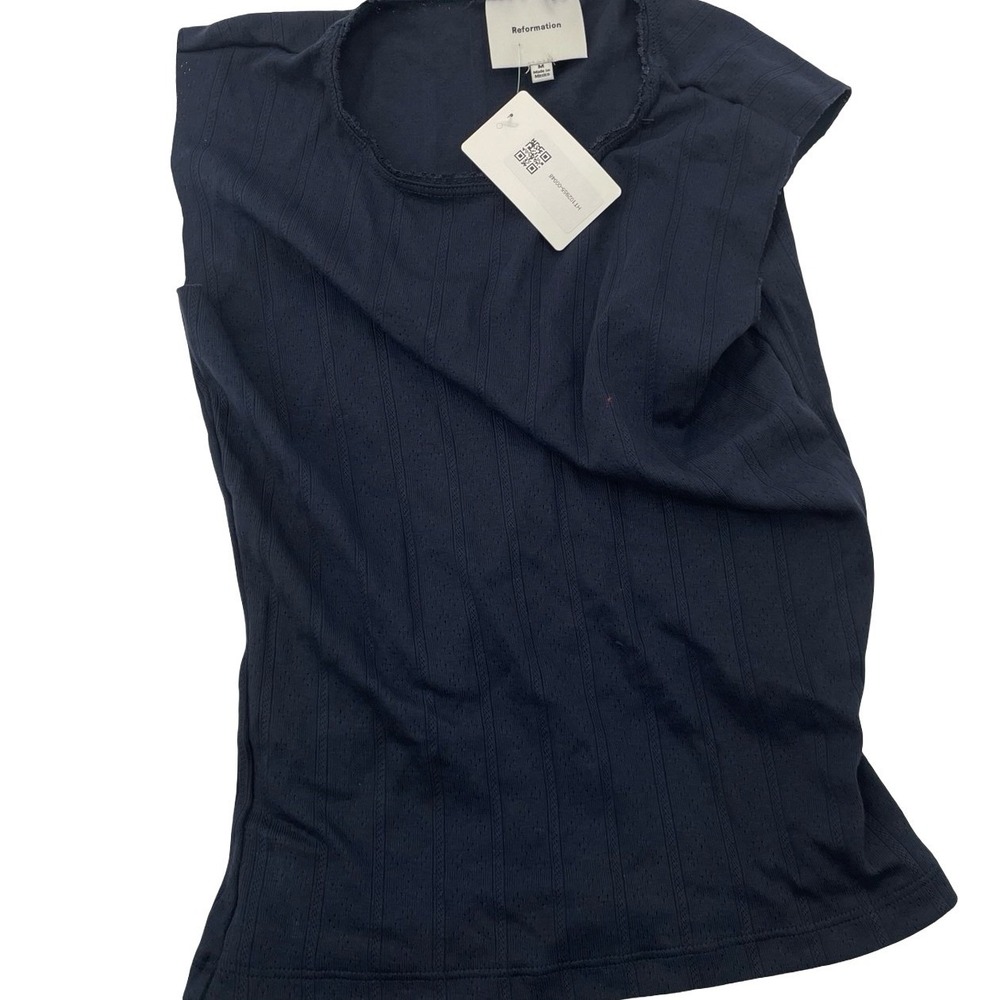 Reformation Women's Sleeveless Top Pointelle Knit Navy Blue Medium